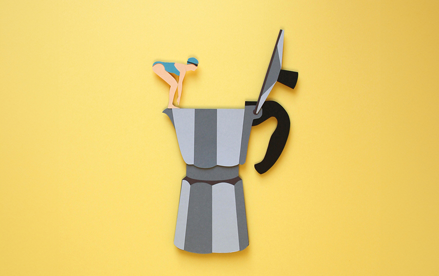 Ilustración conceptual de Bea Costo en papercut, nadadora saltando a cafetera